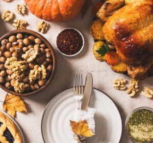 Elegant Thanksgiving dinner spread at The Mirage banquet hall in Macomb County featuring a beautifully arranged holiday feast