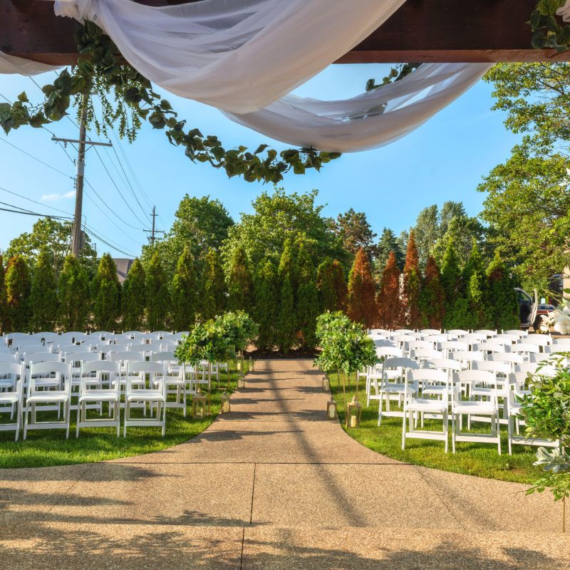 Seamless indoor outdoor wedding experience at The Mirage wedding gazebo Michigan in Clinton Township with grand ballroom reception steps away